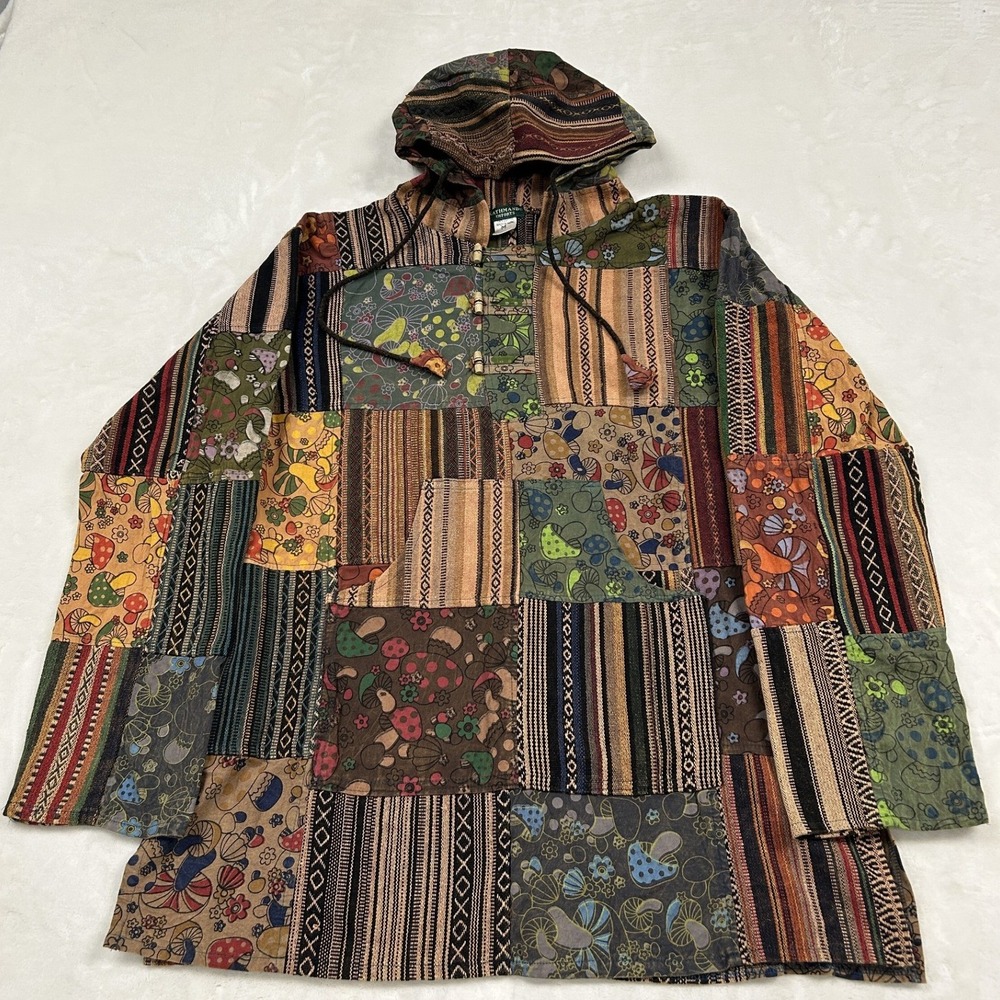 Kathmandu Imports Patchwork Hoodie Unisex Medium Multi Color Mushroom Boho Nepal